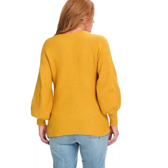 Women’s Theo & Spence Rib Knit Mustard Balloon Sleeve V-Neck Sweater - Picture 2 of 6